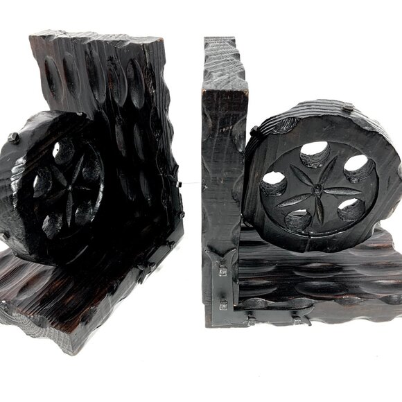 Mid Century Brutalist Style Bookends Industrial Pulley Wood & Iron Made in Spain - Picture 3 of 10